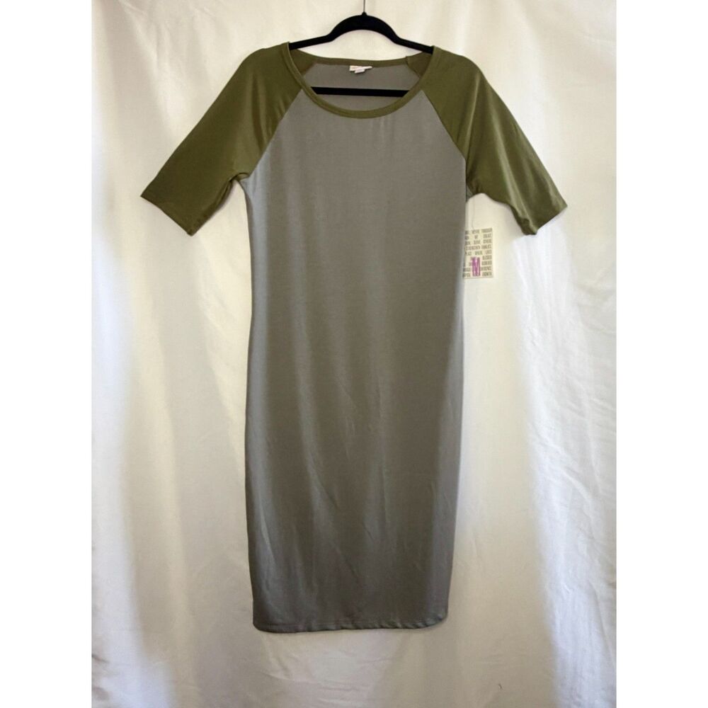 LuLaRoe Julia dress featuring a grey body and olive green raglan sleeves